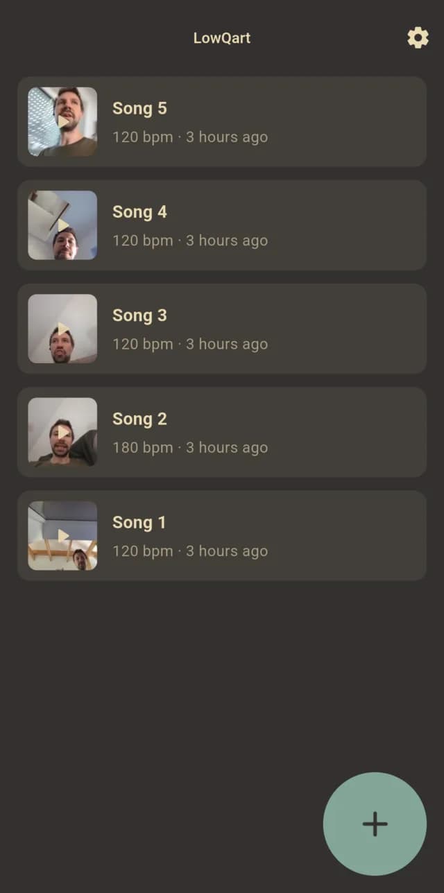 LowQart song list: one card per song with thumbnail, title and tempo